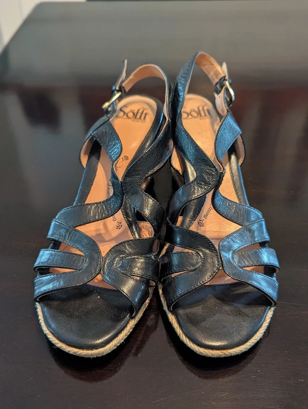 Sofft Women 10M Black  Leather Wedge Heel Espadrille Strappy Sandal Comfort